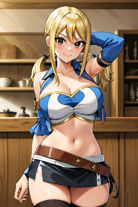 masterpiece, best quality, high resolution, lucy heartfilia, blonde hair, twintails, large breasts, black thigh highs, detached sleeves, midriff, cropped vest, strapless, belt, black skirt, cowboy shot, indoors, standing, smug smile, looking at viewer, lef...