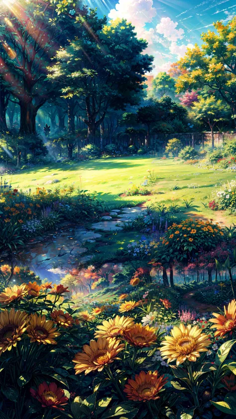  White soft clouds floating in the blue sky，Warm colors reflecting the sun，Above the garden is a lush green pasture, The scene is peaceful, Colorful flowers,Sunlight shines through the dense tree canopy, Casting warm natural heat,  sommer, Reality, High-qu...