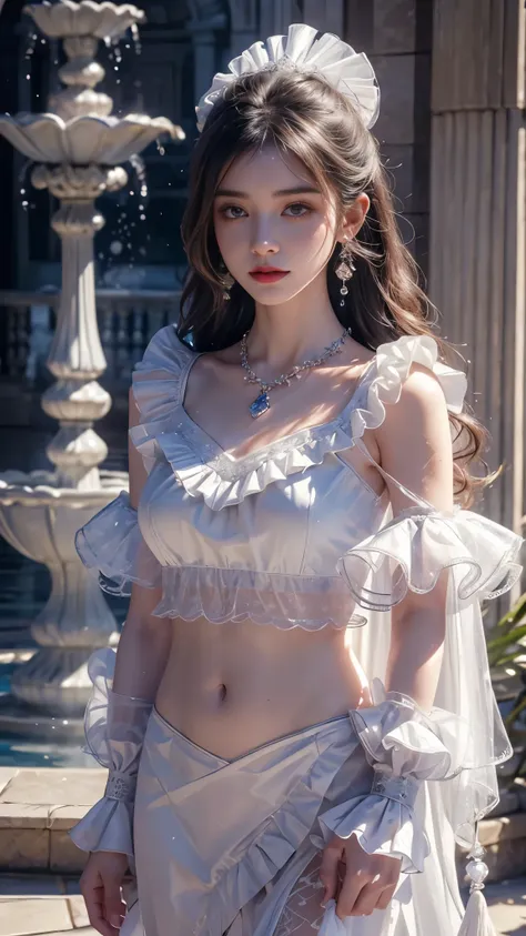 8K, UHD, Masterpiece, 1 girl, good face, detailed eyes, (long hair:1.5), ((frill cut filibeg)) ((white clothing)), ((Frill Tassel)), ((frill cape)), ((frill)), ((navel)), ((mesh lacing)), ((necklace)), ((tassel)), ((earring)), ((water fountain)), ((in the ...