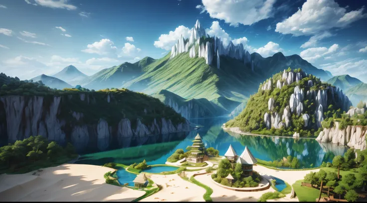 Equal length method，Sandbox Model ，In the fall， blue sky and white clouds，Green Mountain々and green water，part々became，Good harvest，  white background，Paper Art， 3D rendering ， very detailed, ( Zentangle:1.2), (geometry:1.2)，  cinematic lighting effects ，4K，...