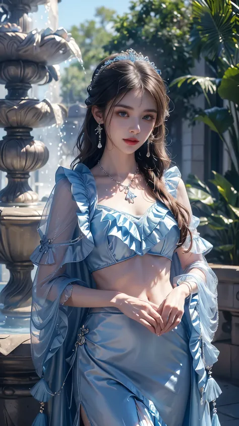 8K, UHD, Masterpiece, 1 girl, good face, detailed eyes, (long hair:1.5), ((frill cut filibeg)) ((blue clothing)), ((Frill Tassel)), ((frill cape)), ((frill)), ((navel)), ((mesh lacing)), ((necklace)), ((tassel)), ((earring)), ((water fountain)), ((in the p...