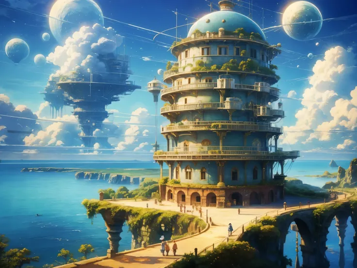  Studio Ghibli Movie DVD Screenshot, Beautiful seaside steampunk observatory,  a cloud floating in the blue sky ,  Miyazaki Hayao Design , Retro Anime