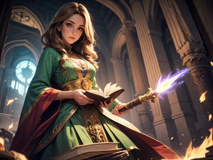 Create an image of a mage named Lilith. She is wearing predominantly green clothing, including a flowing skirt or petticoat. Her hair is light brown and flows gently around her face. She holds a staff in one hand and a magical book in the other, exuding an...