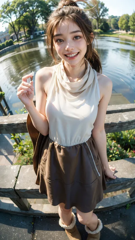   best quality ,   under natural light,Movie analog photo  ,((  Smiling Masterpiece Ultra High Resolution Outdoor Portrait :1.4)), (  is present:1.6), (( Light Brown Mesh Long Hair Ponytail)),((  shows her teeth and laughs  :1.4)),   RAW photo,((  is prese...