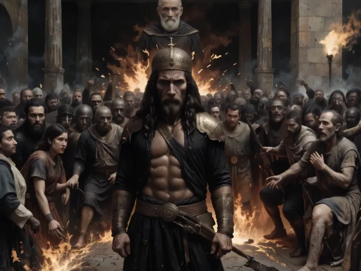 "A realistic scene of an angry mob confronting King Minos of Greece. King Minos stands at the top of the image, imposing in his position, wearing the clothes and crown that reflect his royal status. Below, in front of the king, is an angry mob, their expre...