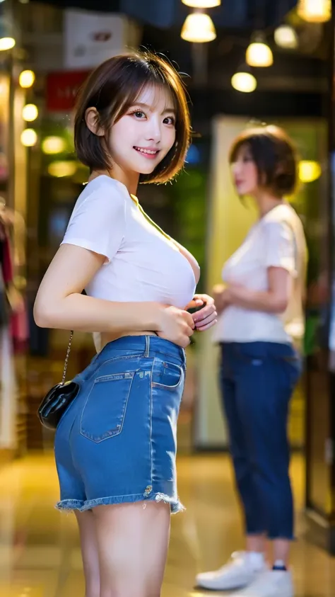 (( best quality)),(( best image quality)),(( Top Masterpieces)),  1 Japanese woman, 20 years old,(  pixie cut ), short hair while on a business trip､ office workers､((full body shot))  beautiful eyes, Amazingly beautiful skin , ,  I'm wearing a white t-shi...