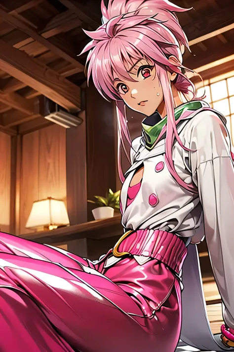  best quality, highest resolution,(((metallic white clothes 　pink loose-fitting pants with metallic luster　shiny pink hair　 red eyes　sweat)))　 Tales of Phantasia　Arche 