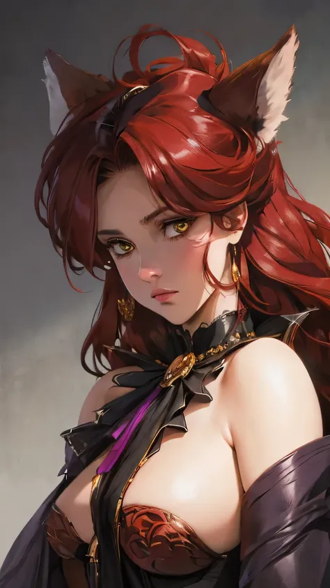  beautiful wolf girl, red wolf ears on her head, red wavy long hair. Смущенный вид, голая, эротичная, Yellow eyes. Fantasy style. Ultra HD. Супердетализация. 