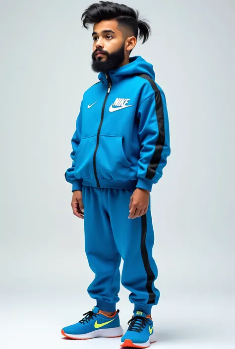 BOY with beard, same as Baby Gang, Arab beard, Nike tracksuit and blue pants and NikeTna blue neon shoes, the background is a realistic image of a full body and standing, black hair with a short ponytail like a singer,barba corta y la cola corta,Short bear...