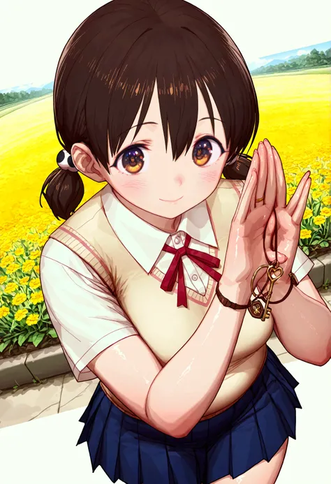 Watercolor illustration of a dreamy girl in a sundress, walking in a field of wildflowers at sunset Anime-style of a age girl with sparkling brown eyes and a gentle smile, (1girl), solo, honoka hara, short hair, brown hair, hair between eyes, twintails, (b...