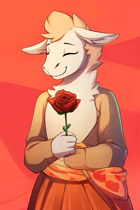 Anthropomorphic, llama, presenting a rose, smile, eyes closed 