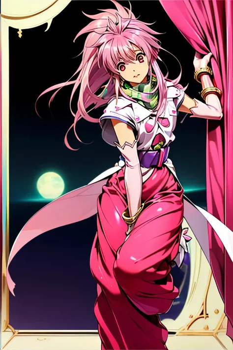  best quality, highest resolution,(((Clothes with metallic luster　pink loose-fitting pants with metallic luster　shiny pink hair　 red eyes)))　 Tales of Phantasia　Arche 