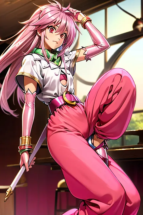  best quality, highest resolution,(((Clothes with metallic luster　pink loose-fitting pants with metallic luster　shiny pink hair　 red eyes)))　 Tales of Phantasia　Arche 