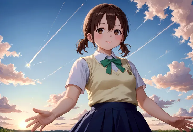 Watercolor illustration of a dreamy girl in a sundress, walking in a field of wildflowers at sunset Anime-style of a age girl with sparkling brown eyes and a gentle smile, (1girl), solo, honoka hara, short hair, brown hair, hair between eyes, twintails, (b...