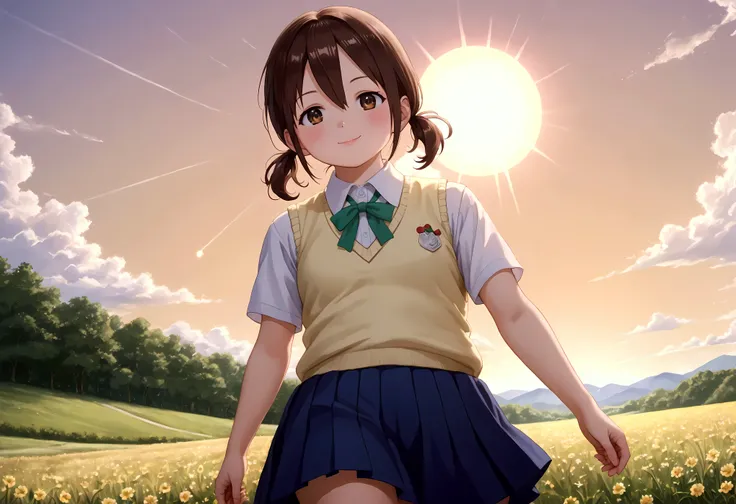 Watercolor illustration of a dreamy girl in a sundress, walking in a field of wildflowers at sunset Anime-style of a age girl with sparkling brown eyes and a gentle smile, (1girl), solo, honoka hara, short hair, brown hair, hair between eyes, twintails, (b...