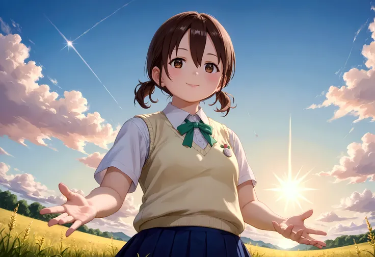 Watercolor illustration of a dreamy girl in a sundress, walking in a field of wildflowers at sunset Anime-style of a age girl with sparkling brown eyes and a gentle smile, (1girl), solo, honoka hara, short hair, brown hair, hair between eyes, twintails, (b...