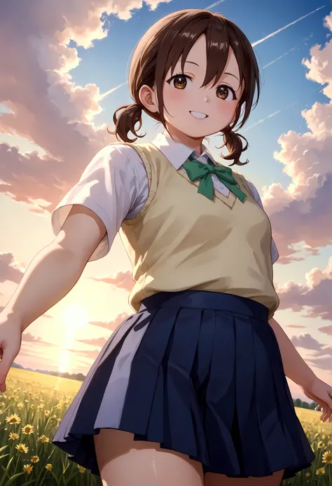 Watercolor illustration of a dreamy girl in a sundress, walking in a field of wildflowers at sunset Anime-style of a age girl with sparkling brown eyes and a gentle smile, (1girl), solo, honoka hara, short hair, brown hair, hair between eyes, twintails, (b...