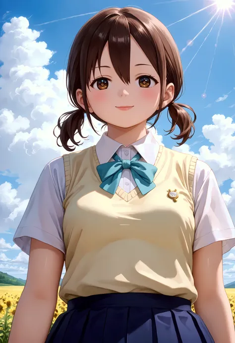 Watercolor illustration of a dreamy girl in a sundress, walking in a field of wildflowers at sunset Anime-style of a age girl with sparkling brown eyes and a gentle smile, (1girl), solo, honoka hara, short hair, brown hair, hair between eyes, twintails, (b...