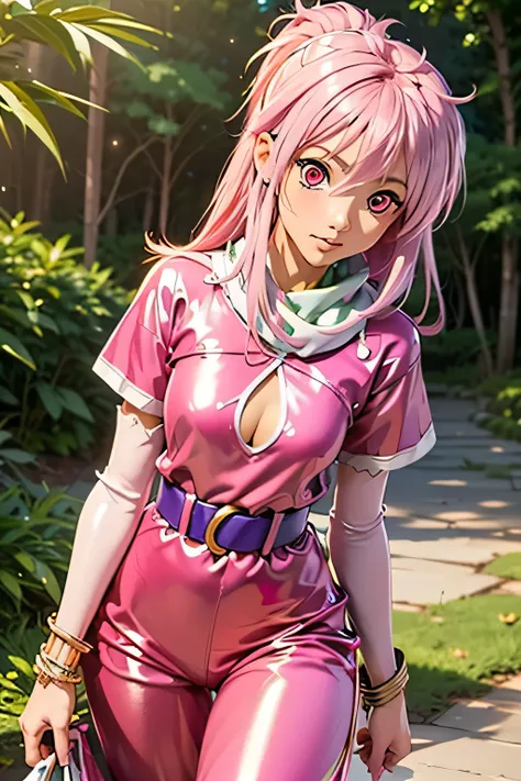  best quality, highest resolution,(((Clothes with metallic luster　pink loose-fitting pants with metallic luster　shiny pink hair　 red eyes)))　 Tales of Phantasia　Arche 　forest