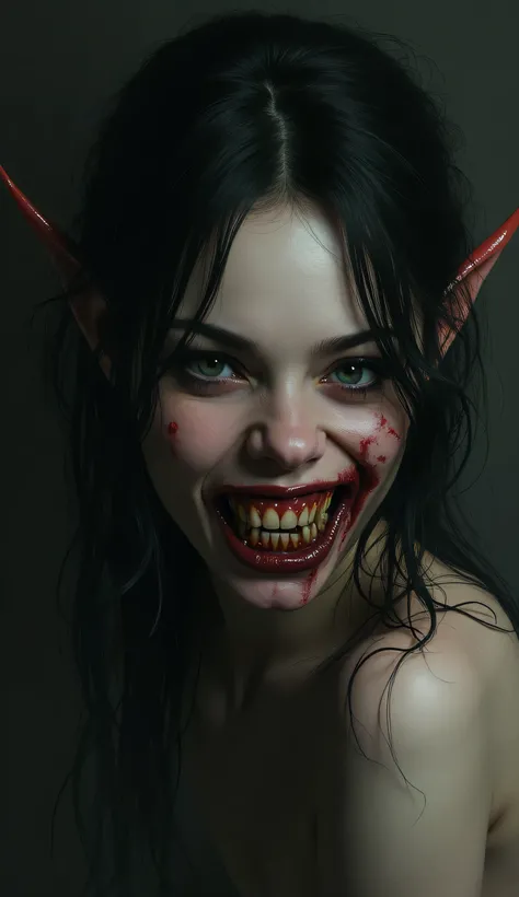 Demon girl smiling while biting her lip like a maniac dark realistic art



