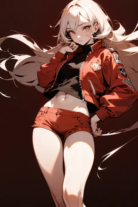 (masterpiece, best quality:1.6), solo, thick outline, (simple background, dark red background, monochrome, dark red theme:1.2), official art, key visual, 8k, absurdres, full body, (unique hair, punks jacket, hotpants, arch back, short torso:1.2), navel, th...