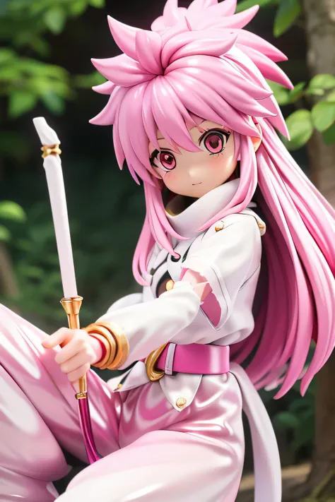  best quality, highest resolution,(((white clothes with metallic luster　pink loose-fitting pants with metallic luster　shiny pink hair　 red eyes)))　 Tales of Phantasia　Arche 　forest