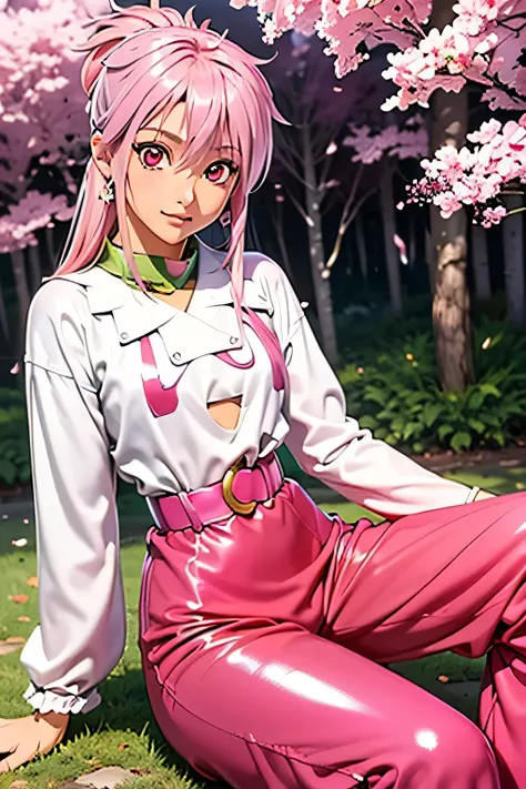  best quality, highest resolution,(((white clothes with metallic luster　pink loose-fitting pants with metallic luster　shiny pink hair　 red eyes)))　 Tales of Phantasia　Arche 　forest