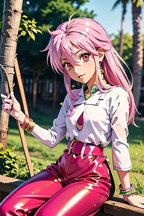  best quality, highest resolution,(((white clothes with metallic luster　pink loose-fitting pants with metallic luster　shiny pink hair　 red eyes　 girl)))　 Tales of Phantasia　Arche 　forest