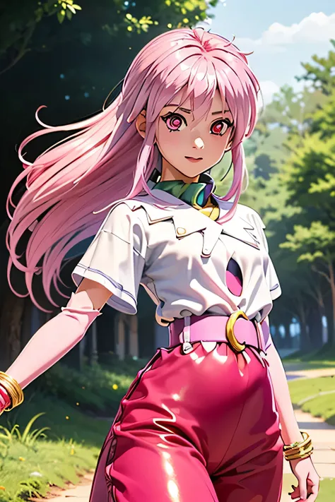  best quality, highest resolution,(((white clothes with metallic luster　pink loose-fitting pants with metallic luster　shiny pink hair　 red eyes　 girl)))　 Tales of Phantasia　Arche 　forest