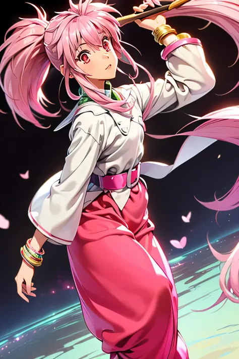  best quality, highest resolution,(((white clothes with metallic luster　pink loose-fitting pants with metallic luster　shiny pink hair　　 ponytail　 red eyes　 girl)))　 Tales of Phantasia　Arche 　forest