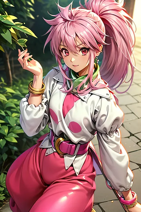  best quality, highest resolution,(((white clothes with metallic luster　pink loose-fitting pants with metallic luster　shiny pink hair　　 ponytail　 red eyes　 girl)))　 Tales of Phantasia　Arche 　forest