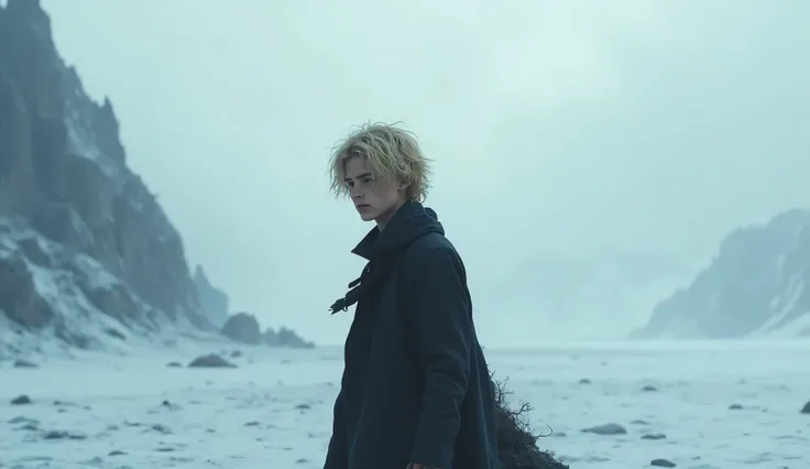 Une representation de la solitude d'un jeune homme au cheveux blond en bataille, dans un désert de glace, avec du brouillard