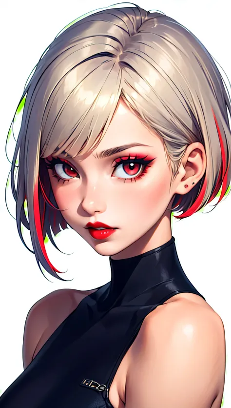 1girl, solo, upper body, looking at viewer, white background, bob cut, short hair, multicolored hair, makeup, parted lips, red lips, eyeliner,