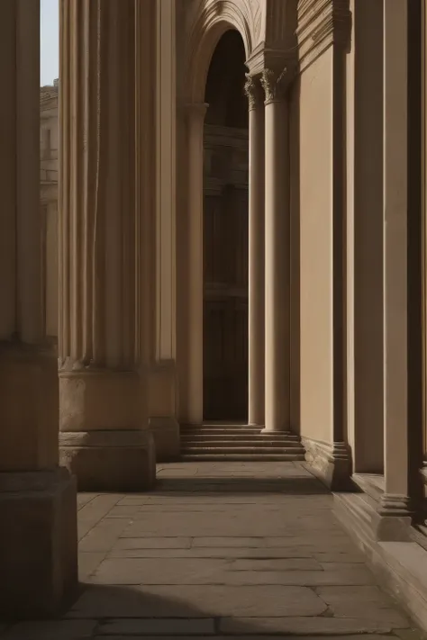 A detailed, photorealistic depiction of the ancient Roman city of Londinium, with weathered and aged architectural elements that evoke the grandeur of the Roman Empire. The scene should feature intricate stonework, cobblestone streets, towering columns, an...