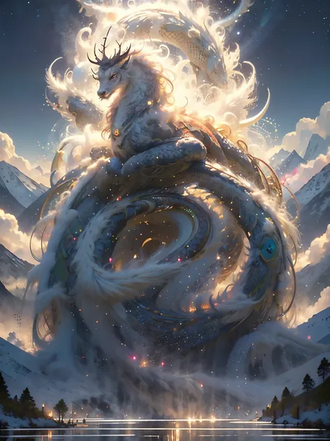 prompt: Legendary Suzaku, Mythical creatures, Divine Beast, An ancient oriental symbol of prosperity and good fortune, Eight legs with hooves, Dragon-like scales, Deer-like fur, A mane of flowing flames, The rainbow-colored body color changes in the moonli...