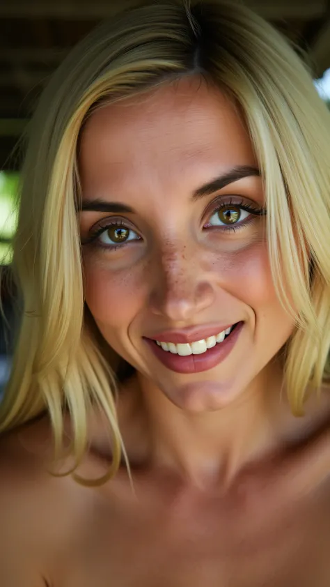 This is a beautiful  closeup photograph of a woman at an ayahuasca retreat, she has long straight blonde hair and dark blue eyes. Flirting at the viewer. Smile