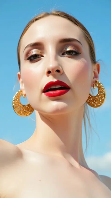 A hyper-detailed, avant-garde 3/4 shot photograph featuring a striking woman with pale light skin against a clear, light blue sky. Her nude high-angle mid shot highlights the smooth texture of her flawless complexion. Shimmering metallic eyeshadow enhances...