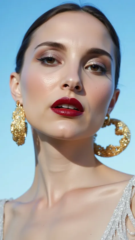 A hyper-detailed, avant-garde 3/4 shot photograph featuring a striking woman with pale light skin against a clear, light blue sky. Her nude high-angle mid shot highlights the smooth texture of her flawless complexion. Shimmering metallic eyeshadow enhances...