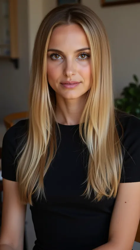 This is a beautiful  closeup photograph of a woman, she has long straight blonde hair and dark blue eyes.  Wearing a form fitting  boatneck dress,  Sitting in a cafe. Flirting at the viewer. Smile, Captured with a Sony A7R IV camera and a 50mm f/1.2 G Mast...