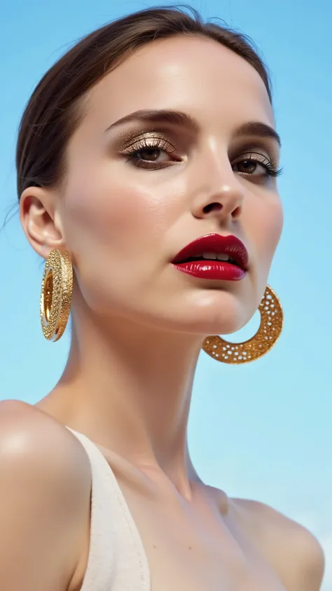 A hyper-detailed, avant-garde 3/4 shot photograph featuring a striking woman with pale light skin against a clear, light blue sky. Her nude high-angle mid shot highlights the smooth texture of her flawless complexion. Shimmering metallic eyeshadow enhances...