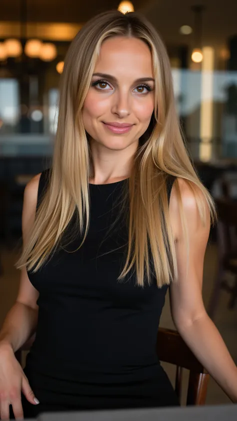 This is a beautiful  closeup photograph of a woman, she has long straight blonde hair and dark blue eyes.  Wearing a form fitting  boatneck dress,  Sitting in a cafe. Flirting at the viewer. Smile, Captured with a Sony A7R IV camera and a 50mm f/1.2 G Mast...