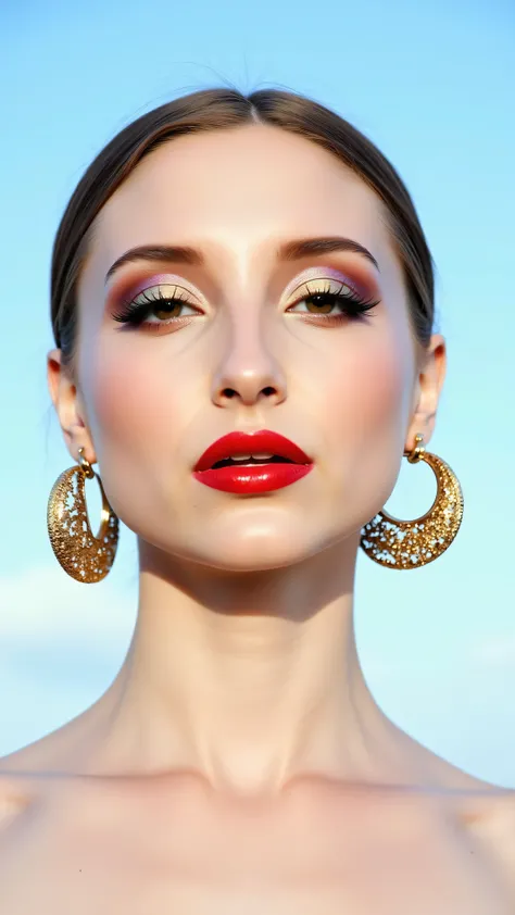 A hyper-detailed, avant-garde 3/4 shot photograph featuring a striking woman with pale light skin against a clear, light blue sky. Her nude high-angle mid shot highlights the smooth texture of her flawless complexion. Shimmering metallic eyeshadow enhances...