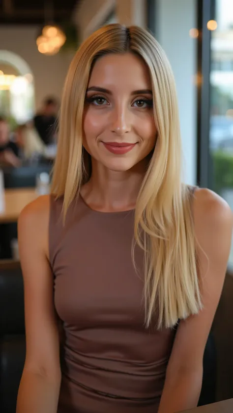 This is a beautiful closeup photograph of a woman, she has long straight blonde hair and dark blue eyes. Wearing a form fitting boatneck dress, Sitting in a cafe. Flirting at the viewer. Smile, Captured with a Sony A7R IV camera and a 50mm f/1.2 G Mast...
