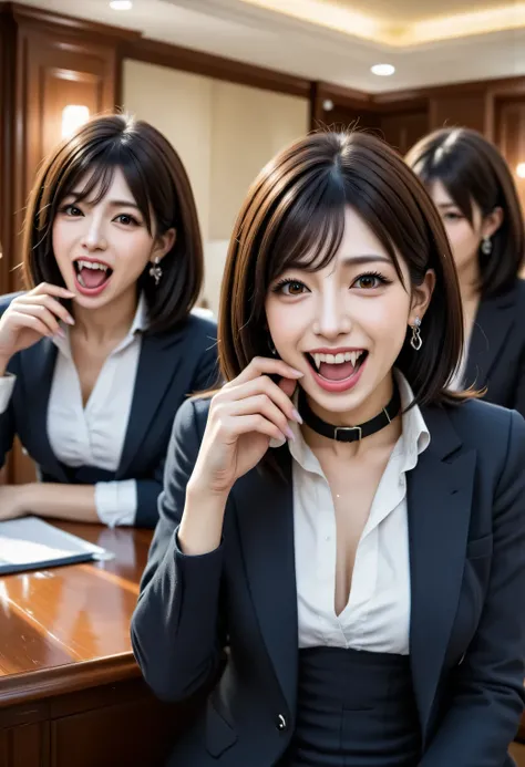   score_9,   score_8,   score_8up  score_7,   top quality 、  Masterpiece  、   Japan's top idol in a luxury hotel  , group、vampire,(  white tight shirt 、   dark blue blazer  )), ((  Layered Haircut )),   slim body , Slim face（8k，  top quality ）,   Adorable，...