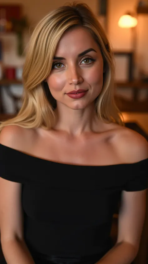 This is a beautiful closeup photograph of a woman, she has long straight blonde hair and dark blue eyes. Wearing a form fitting boatneck dress, Sitting in a cafe. Flirting at the viewer. Smile