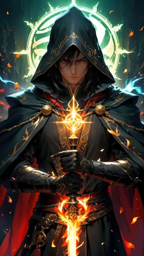 A close up of a person holding a sword in a dark room, Main art of the anime,  he's casting a lighting spell , badass anime 8 k, black-haired wizard, evil wizard,  an arcane wizard casting a spell , detailed Main art of the anime, capa de light novel épica...