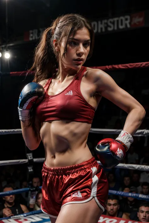 A beautiful brunette woman, 19 years old, wearing red sports bra, red shorts, in a boxing ring fighting against a 50 year old gray-haired woman wearing blue shorts