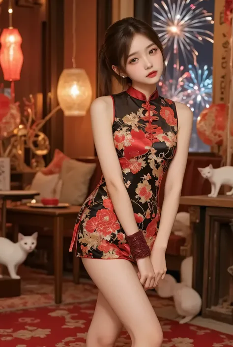 A close-up, head-and-shoulders portrait of a beautiful Korean idol with fine facial features and a ponytail, wearing a red-black-gold short cheongsam with some black-transparent sections, adorned with intricate gold or silver phoenix and floral embroidery....