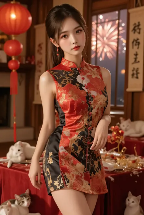 A close-up, head-and-shoulders portrait of a beautiful Korean idol with fine facial features and a ponytail, wearing a red-black-gold short cheongsam with some black-transparent sections, adorned with intricate gold or silver phoenix and floral embroidery....