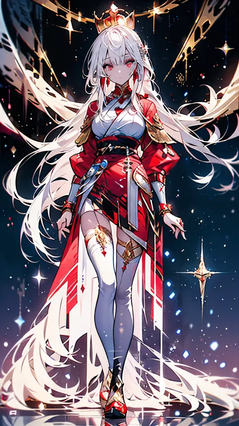 Anime woman, goddess. Long white hair, straight sharp hair. Single braid trailing down from left side. Single fringe between her eyes, trailing to right side of face. Crimson eyes, detailed eyes, long eyelashes. Long-sleeved white long knee-length dress. w...